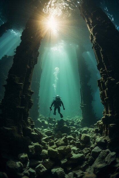 Diver exploring archeological underwater building ruins