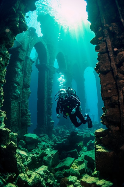 Diver exploring archeological underwater building ruins