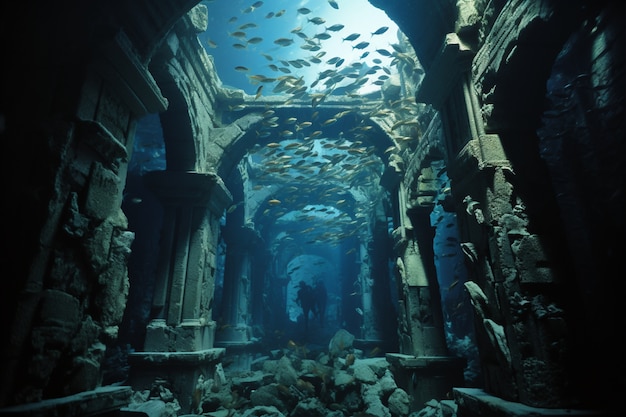 Free photo diver exploring archeological underwater building ruins