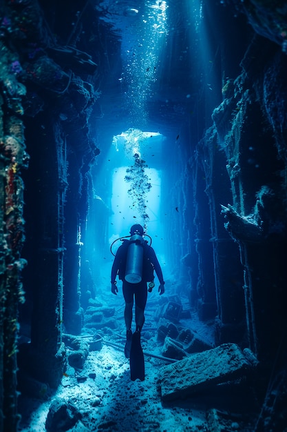 Free photo diver under the sea surrounded by archeological building ruins