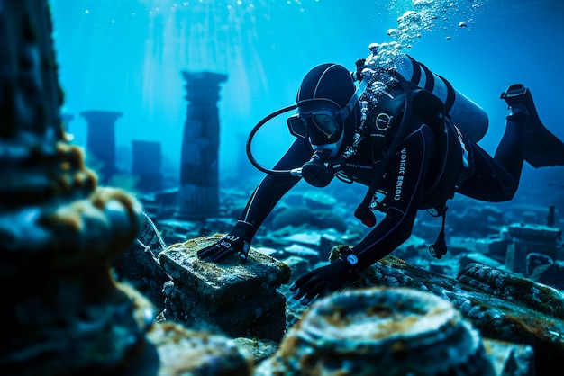 Free Photo diver under the sea surrounded by archeological building ruins