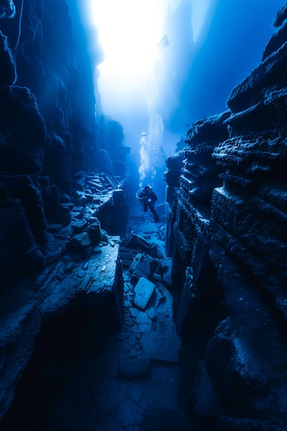 Free Photo diver under the sea surrounded by archeological building ruins