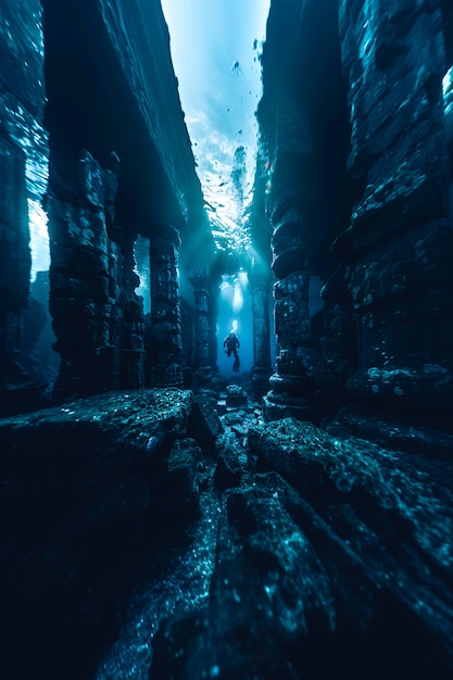 Free Photo diver under the sea surrounded by archeological building ruins