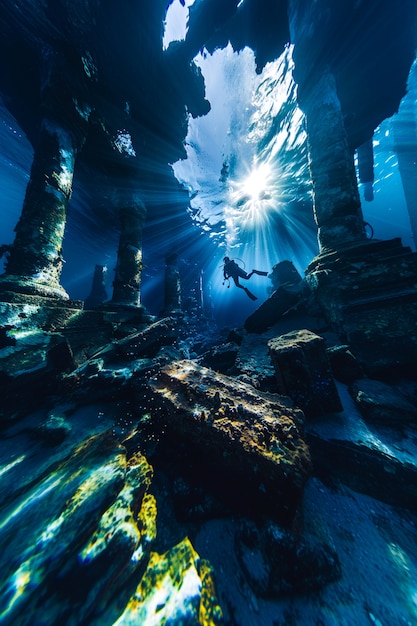 Free Photo diver under the sea surrounded by archeological building ruins