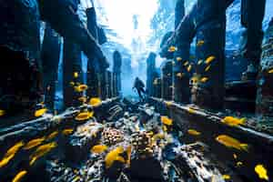 Free photo diver under the sea surrounded by archeological building ruins