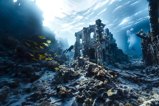 Free photo diver under the sea surrounded by archeological building ruins