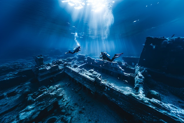 Free photo diver under the sea surrounded by archeological building ruins