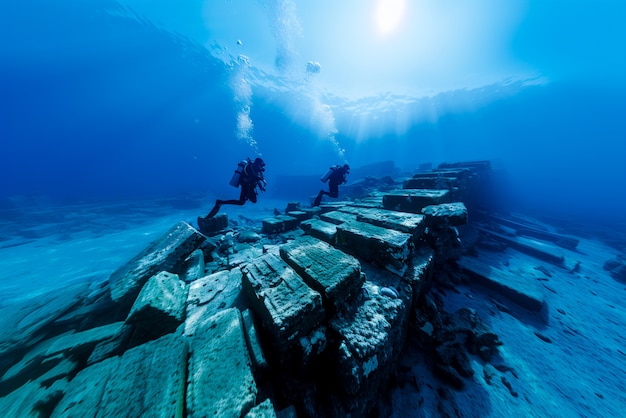 Diver under the sea surrounded by archeological building ruins