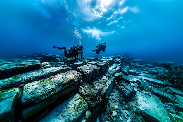 Free photo diver under the sea surrounded by archeological building ruins