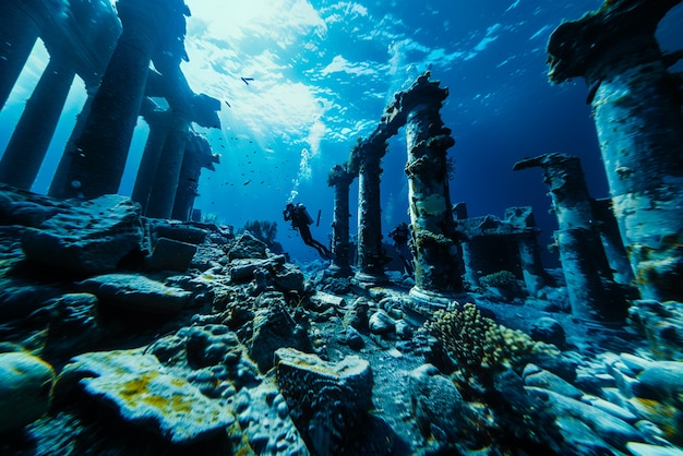 Free photo diver under the sea surrounded by archeological building ruins