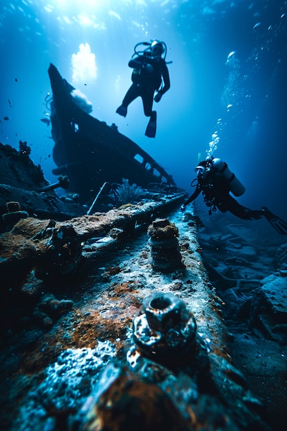 Free photo diver under the sea surrounded by archeological building ruins