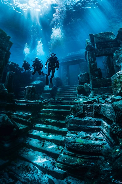 Diver under the sea surrounded by archeological building ruins