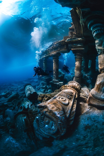 Free Photo diver under the sea surrounded by archeological building ruins