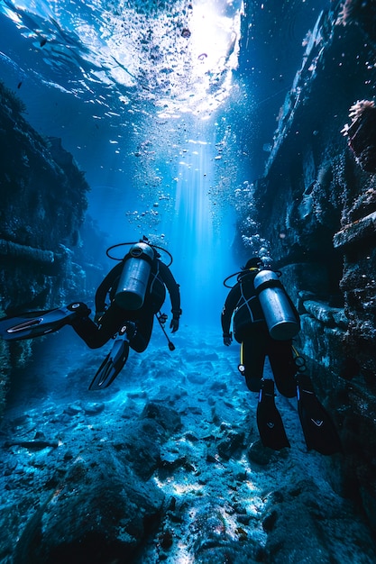 Free Photo diver under the sea surrounded by archeological building ruins