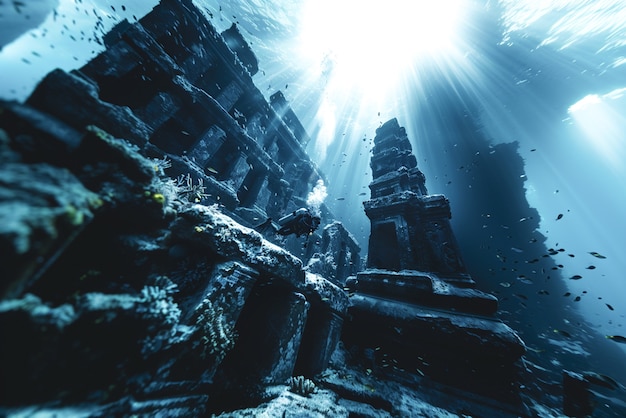 Free photo diver under the sea surrounded by archeological building ruins