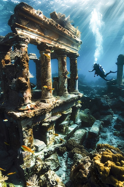 Free photo diver under the sea surrounded by archeological building ruins