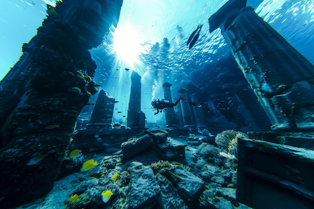 Free photo diver under the sea surrounded by archeological building ruins