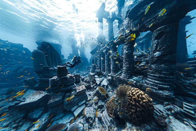 Free Photo diver under the sea surrounded by archeological building ruins