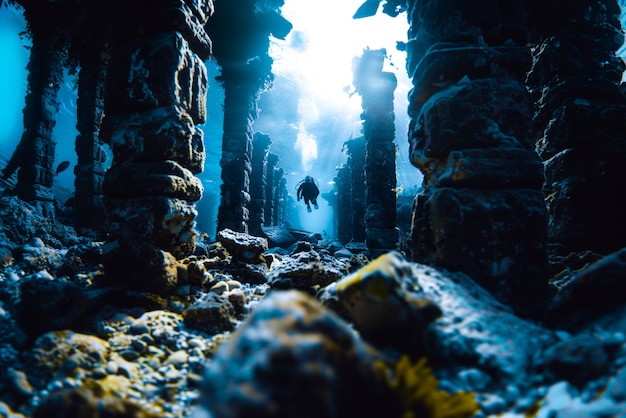 Free photo diver under the sea surrounded by archeological building ruins