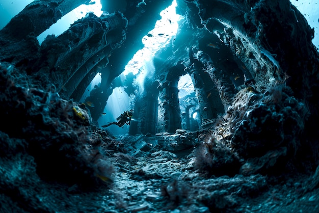 Free Photo diver under the sea surrounded by archeological building ruins