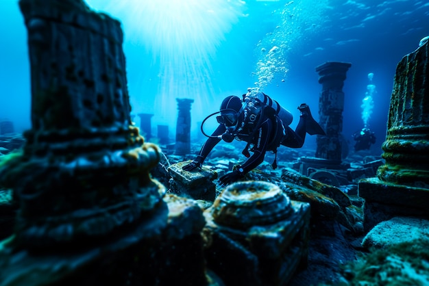 Free photo diver under the sea surrounded by archeological building ruins