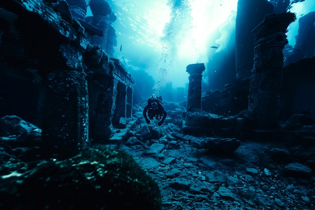 Diver under the sea surrounded by archeological building ruins