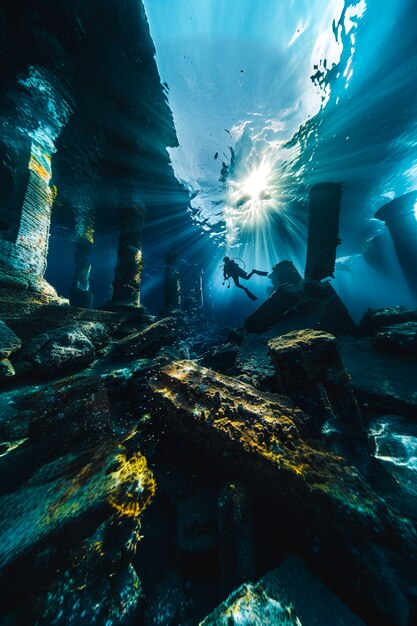 Diver under the sea surrounded by archeological building ruins