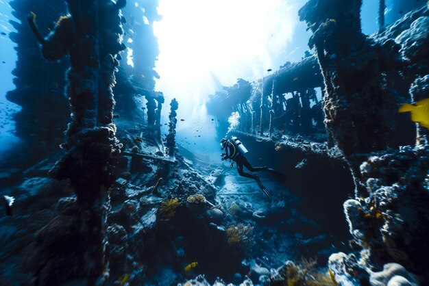 Diver under the sea surrounded by archeological building ruins