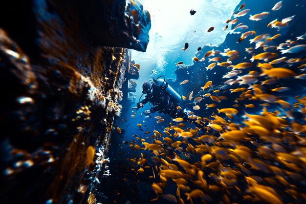 Diver under the sea surrounded by archeological building ruins