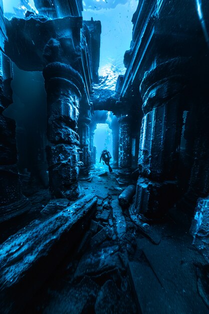 Diver under the sea surrounded by archeological building ruins