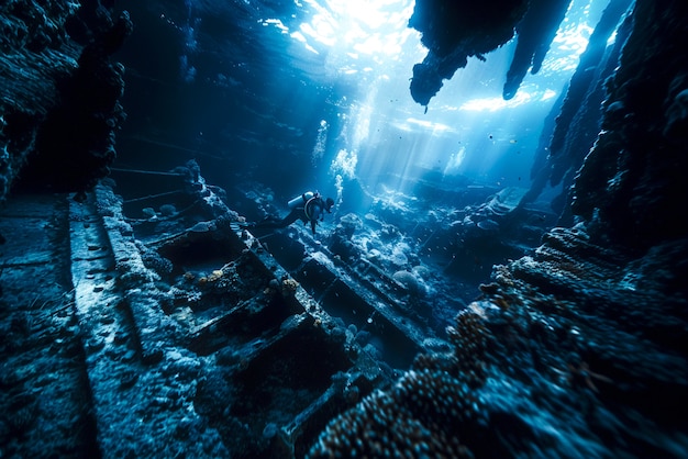 Diver under the sea surrounded by archeological building ruins