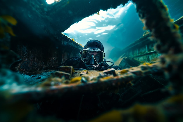 Free photo diver under the sea surrounded by archeological building ruins