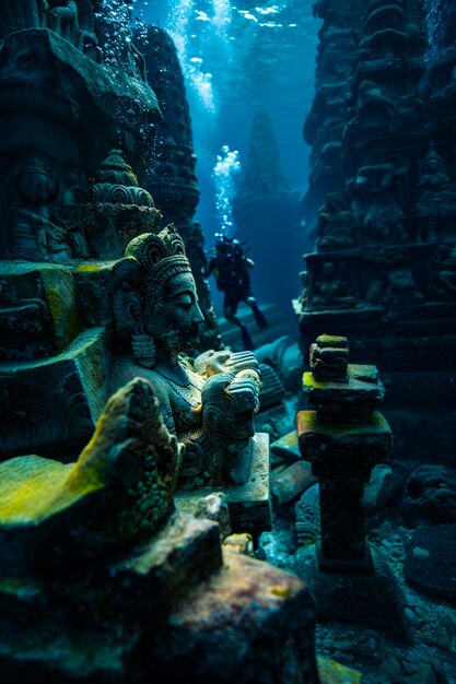 Diver under the sea surrounded by archeological building ruins