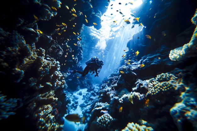 Diver under the sea surrounded by archeological building ruins