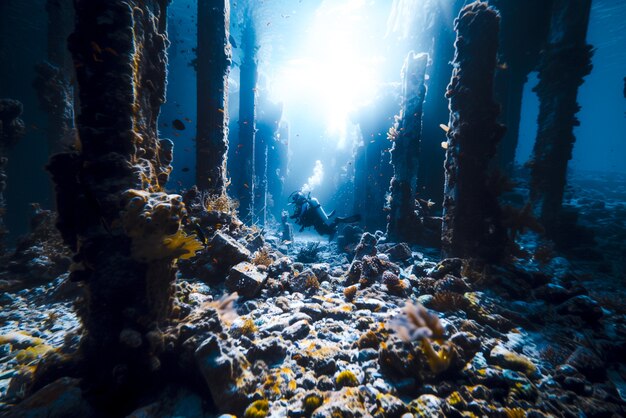 Diver under the sea surrounded by archeological building ruins