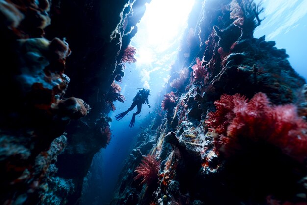 Diver under the sea surrounded by archeological building ruins