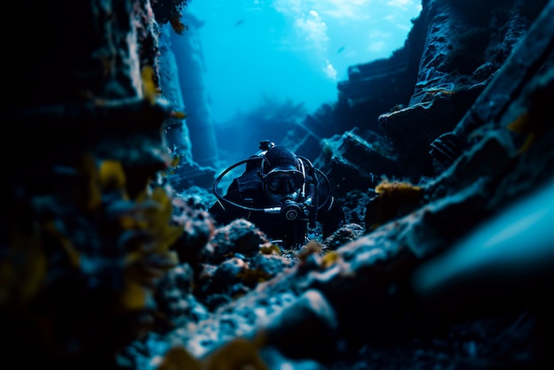 Free photo diver under the sea surrounded by archeological building ruins