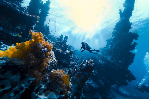 Diver under the sea surrounded by archeological building ruins