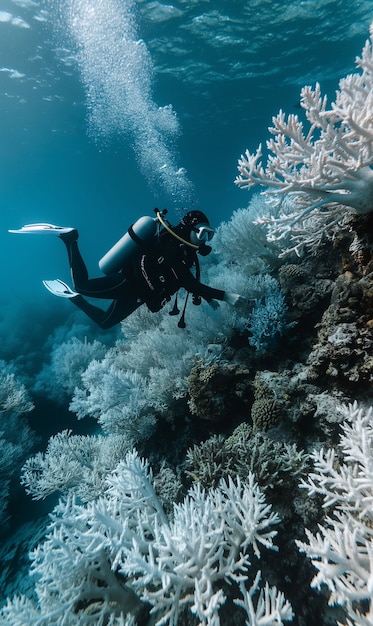 Free photo diver under sea surrounded by wild nature