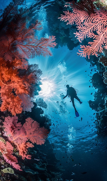 Free photo diver under sea surrounded by wild nature