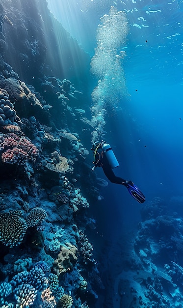 Free photo diver under sea surrounded by wild nature