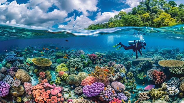 Free photo diver under sea surrounded by wild nature