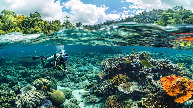 Free photo diver under sea surrounded by wild nature