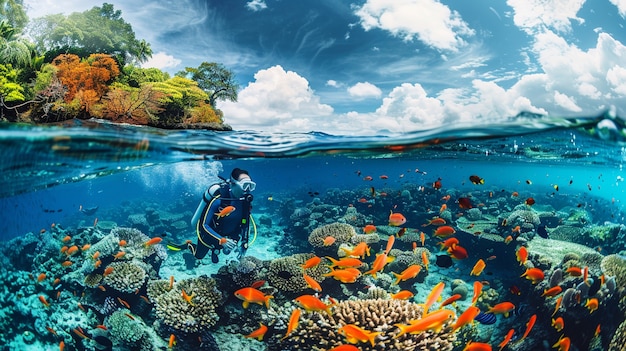 Free photo diver under sea surrounded by wild nature