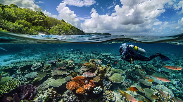 Diver under sea surrounded by wild nature