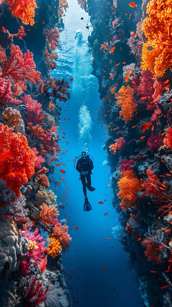 Free photo diver under sea surrounded by wild nature