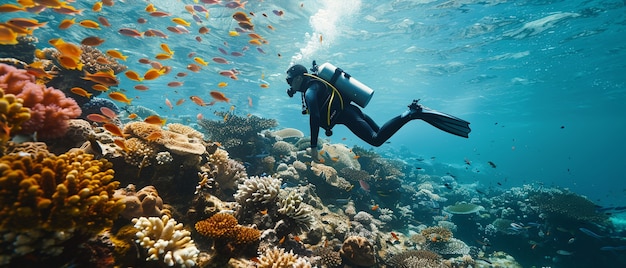 Free photo diver under sea surrounded by wild nature