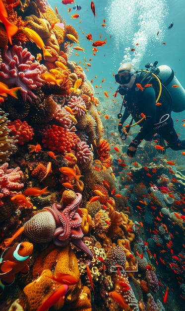 Free photo diver under sea surrounded by wild nature