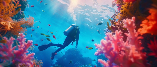 Free photo diver under sea surrounded by wild nature