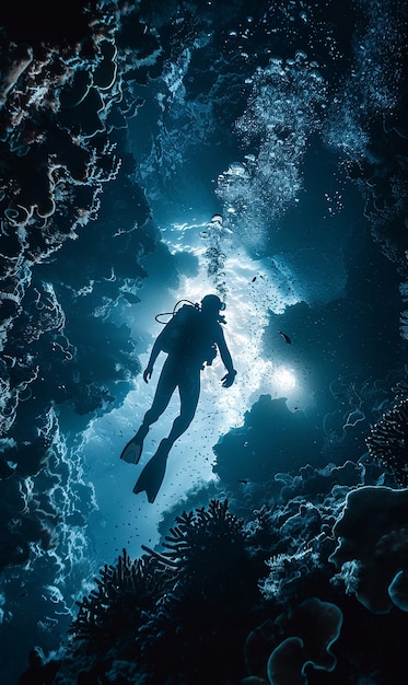 Diver under sea surrounded by wild nature